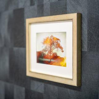 Gold wood framed artwork of a tree with autumn colours on a textured grey wall.