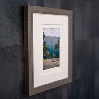 Framed photograph of a scenic landscape with mountains and trees on a dark textured wall.
