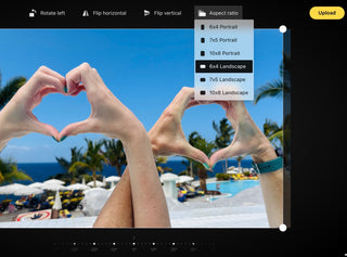Showing an example of the uploading page with rotate left, flip horizontal, flip vertical and aspect ratio. Aspect ratio has dropdown list with 6x4 portrait, 7x5 portrait, 10x8 portrait, 6x4 landscape, 7x5 landscape, 10x8 landscape